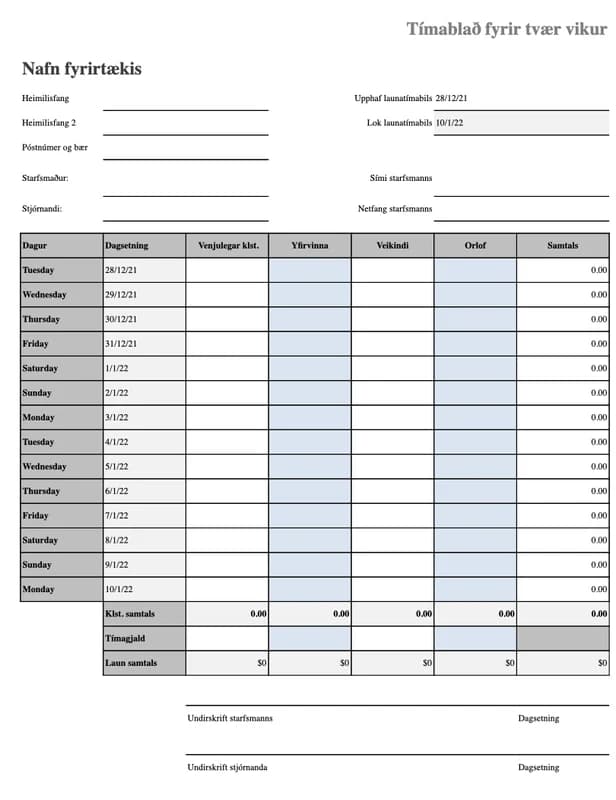 Forskoðun á Excel-sniðmátinu Tímablað með veikindum og orlofi
