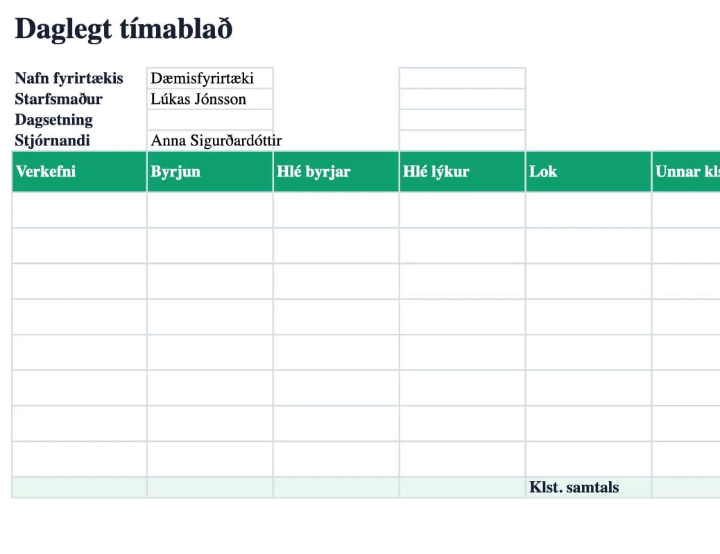 Excel forskoðun: Daglegt tímablað