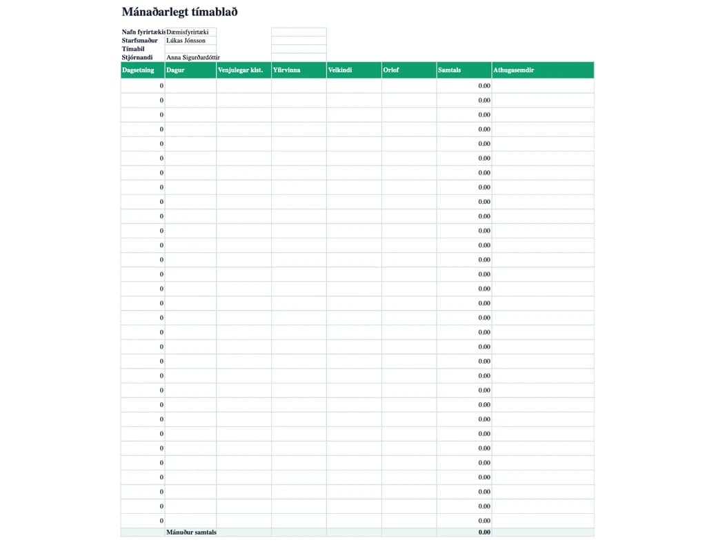 Excel forskoðun: Mánaðarlegt tímablað