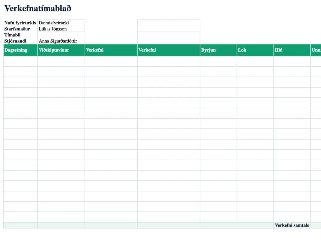 Excel forskoðun: Verkefnatímablað