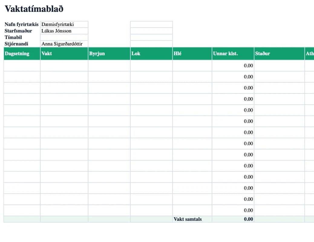 Excel forskoðun: Vaktatímablað