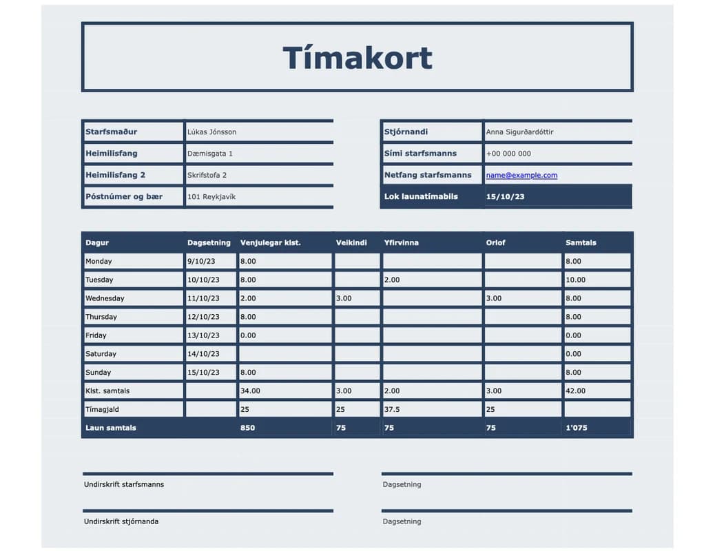 Forskoðun á Excel-sniðmátinu Tímakort fyrir inn- og útstimplun