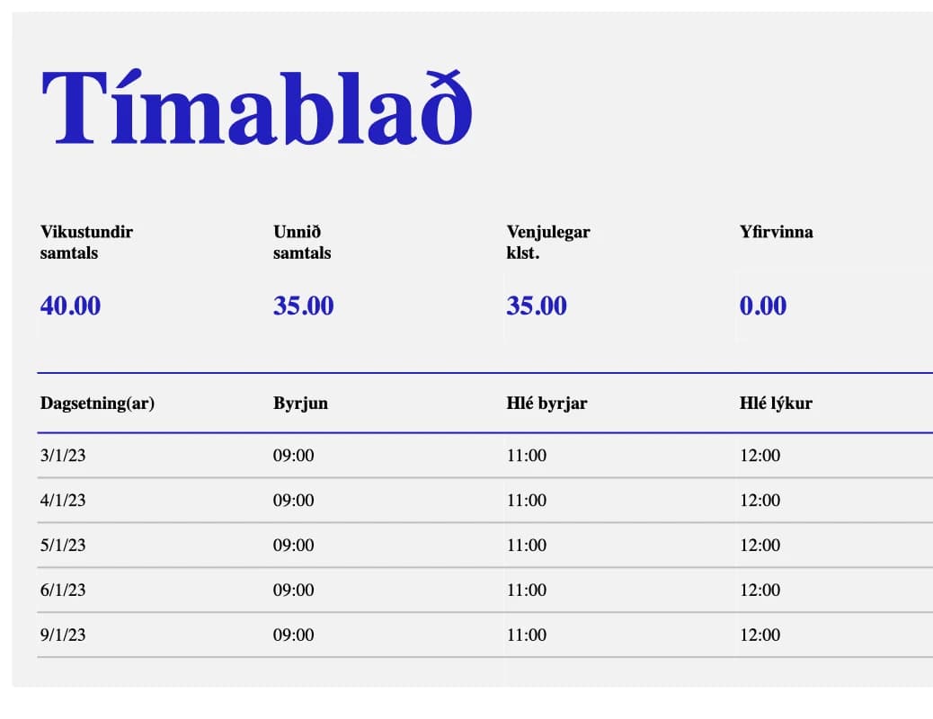 Forskoðun á Excel-sniðmátinu Vikulegt tímablað fyrir tímaskráningu