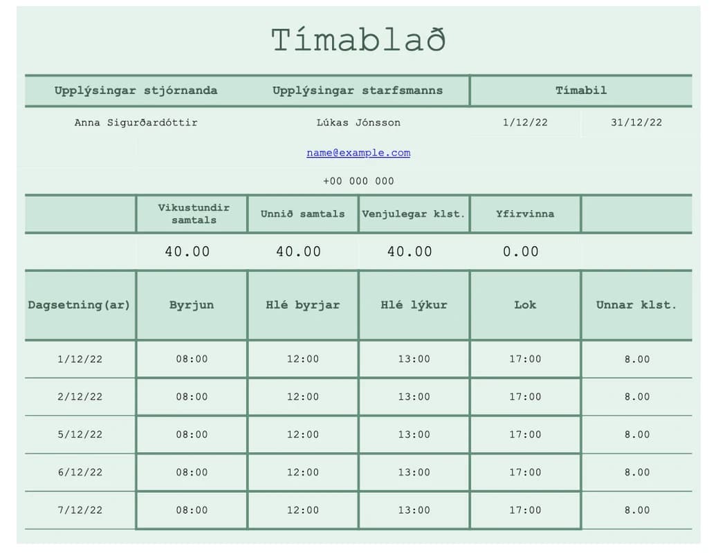 Forskoðun á Excel-sniðmátinu Verkefnamiðað tímaskráningarvinnublað